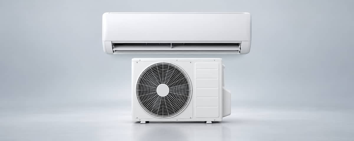Ilustración de aire acondicionado tipo split con unidad interior y exterior.