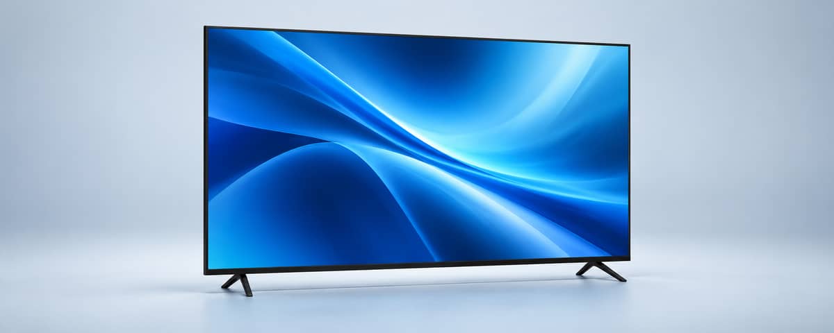 Ilustración de televisor de pantalla plana con imagen abstracta azul sobre fondo claro.
