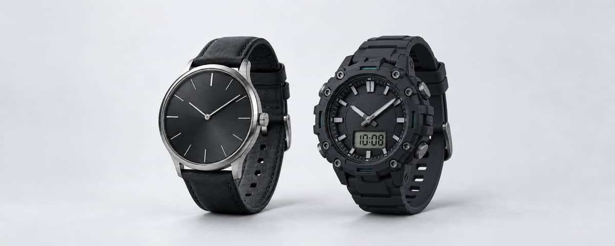 Ilustración de reloj analógico y reloj deportivo sobre fondo claro.