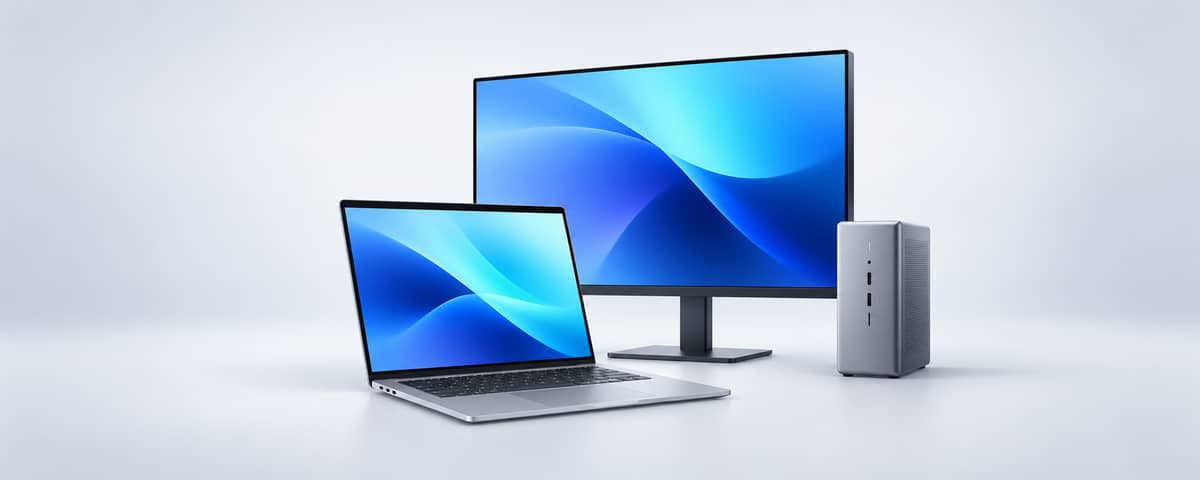Ilustración de laptop, monitor y computadora de escritorio sobre fondo claro.