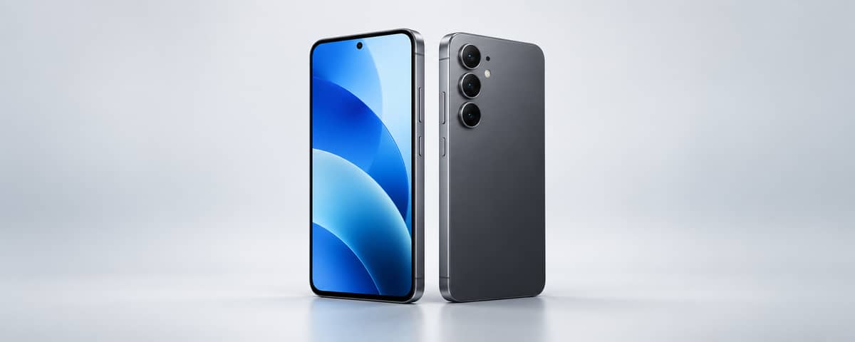 Ilustración de celulares modernos con pantalla azul sobre fondo claro.