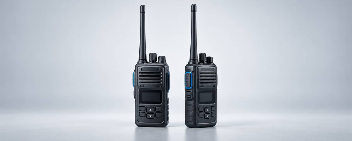 Ilustración de dos radios de comunicación portátiles con antena sobre fondo claro.