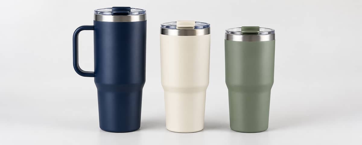 Ilustración de vasos térmicos con tapa en varios colores sobre fondo claro.