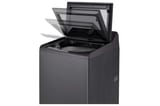 Lavadora LG WT19PBTX6 de 19 kg Negro Platina, vista en ángulo y apertura de tapa