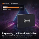 SSD DATO DS700, vista frontal vertical y comparación de funcionamiento con un disco mecánico