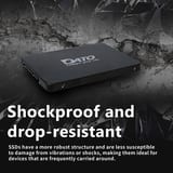 SSD DATO DS700, perspectiva con conectores SATA y diseño resistente a golpes