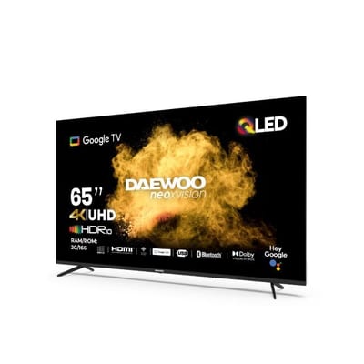 Televisor Daewoo DW-65G5QNUHD de 65 pulgadas, vista frontal en perspectiva