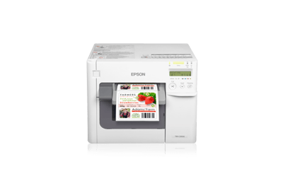 Epson ColorWorks C3500, vista frontal imprimiendo etiquetas