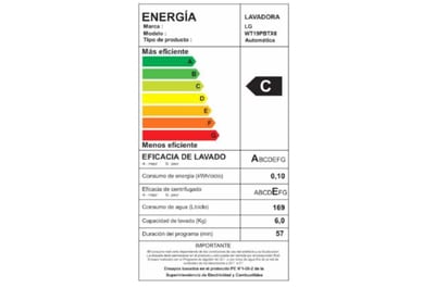 Lavadora LG WT19PBTX6 de 19 kg Negro Platina, etiqueta de eficiencia energética del modelo