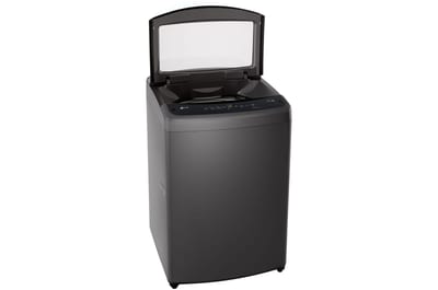 Lavadora LG WT19MVTB de 19 kg Negro Medio, vista izquierda con tapa abierta