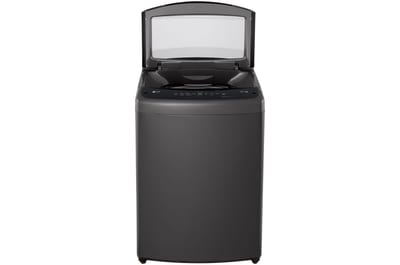 Lavadora LG WT19MVTB de 19 kg Negro Medio, vista frontal con tapa abierta