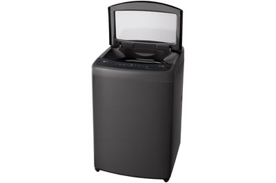 Lavadora LG WT19MVTB de 19 kg Negro Medio, vista derecha con tapa abierta
