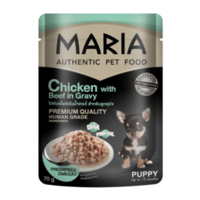 MARIA Puppy pollo y carne de res en salsa, sobre individual