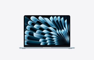 Apple MacBook Air 13 pulgadas M5 Sky Blue (azul cielo): vista frontal abierto con pantalla Liquid Retina