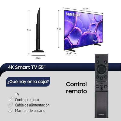 Dimensiones y accesorios del televisor Samsung UN55U8000FGXZS de 55 pulgadas.