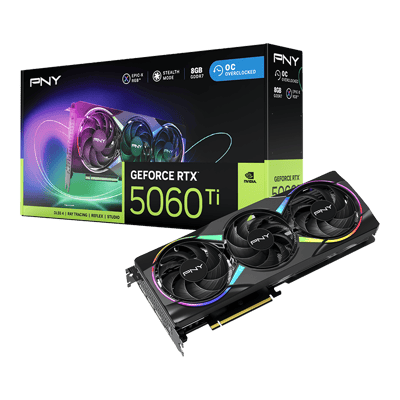 PNY GeForce RTX 5060 Ti 8GB EPIC-X RGB Overclocked Triple Fan — tarjeta y empaque