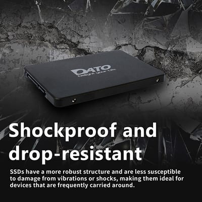 SSD DATO DS700, perspectiva con conectores SATA y diseño resistente a golpes