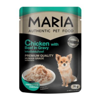 MARIA Dog pollo y carne de res en salsa, sobre individual