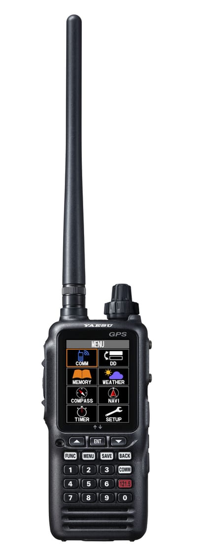 Yaesu FTA-850L, vista frontal con menú de funciones a color y teclado