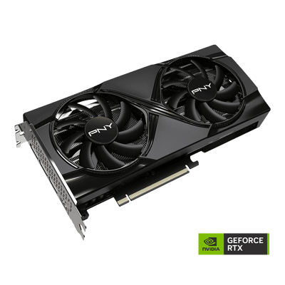 PNY GeForce RTX 5060 Ti 16GB Dual Fan — vista en ángulo con logotipo