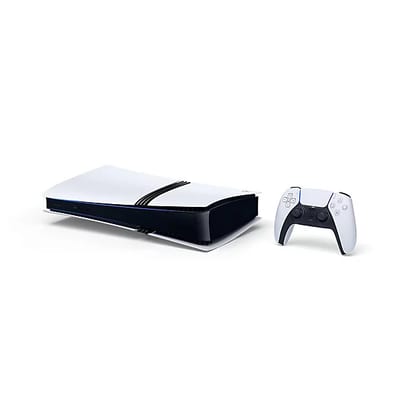 Sony PlayStation 5 Pro 2TB digital en posición horizontal con control DualSense
