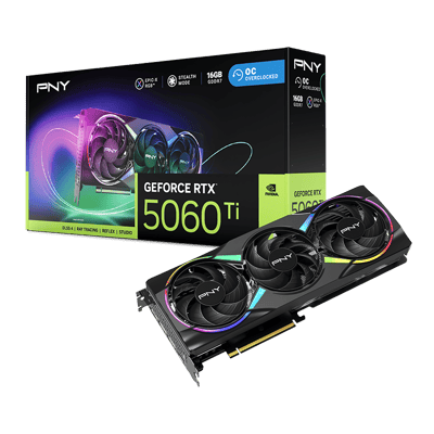 PNY GeForce RTX 5060 Ti 16GB EPIC-X RGB Overclocked Triple Fan — tarjeta y empaque