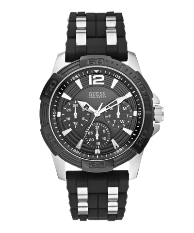 Reloj Guess U0366G1 con esfera negra, caja plateada y correa negra.
