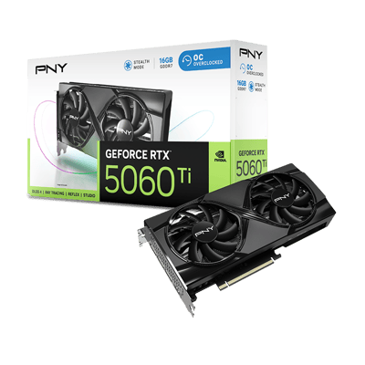 PNY GeForce RTX 5060 Ti 16GB Overclocked Dual Fan — tarjeta y empaque