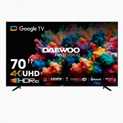 Televisor Daewoo de 70 pulgadas 4K UHD Google TV, referencia comercial 61498, vista frontal