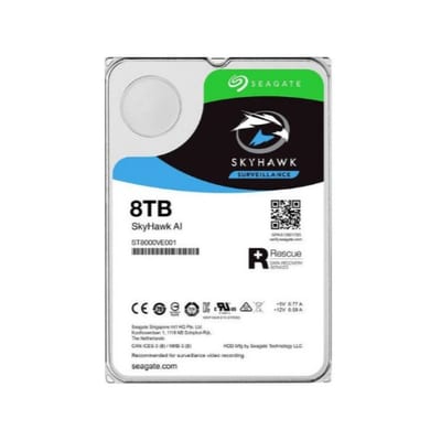 Vista superior del disco duro Seagate SkyHawk AI de 8 TB, con etiqueta del modelo ST8000VE001