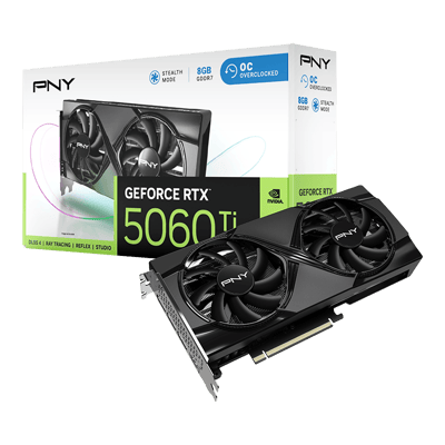 PNY GeForce RTX 5060 Ti 8GB Overclocked Dual Fan — tarjeta y empaque