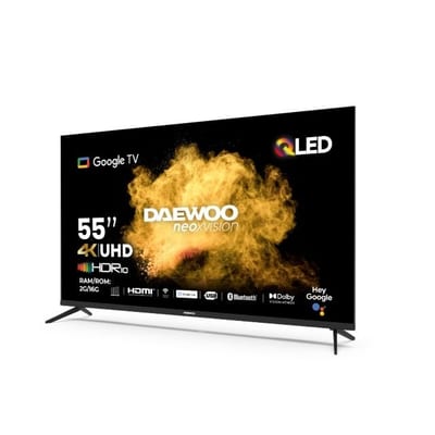 Televisor Daewoo DW-55G5QNUHD de 55 pulgadas, vista frontal en perspectiva