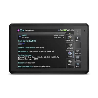 Garmin aera 660 en horizontal con página de información de aeropuerto