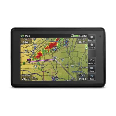 Garmin aera 660 en horizontal con ejemplo de mapa y meteorología de equipo compatible