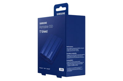 Samsung T7 Shield 2TB azul MU-PE2T0R/AM: vistas del SSD, empaque y accesorios
