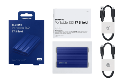 Samsung T7 Shield 2TB azul MU-PE2T0R/AM: vistas del SSD, empaque y accesorios
