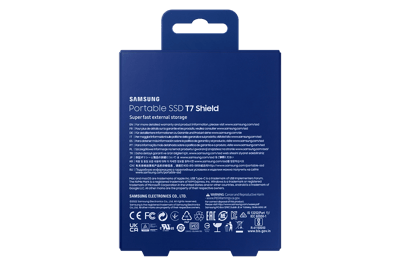 Samsung T7 Shield 2TB azul MU-PE2T0R/AM: vistas del SSD, empaque y accesorios