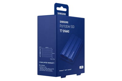 Samsung T7 Shield 2TB azul MU-PE2T0R/AM: vistas del SSD, empaque y accesorios