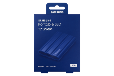 Samsung T7 Shield 2TB azul MU-PE2T0R/AM: vistas del SSD, empaque y accesorios