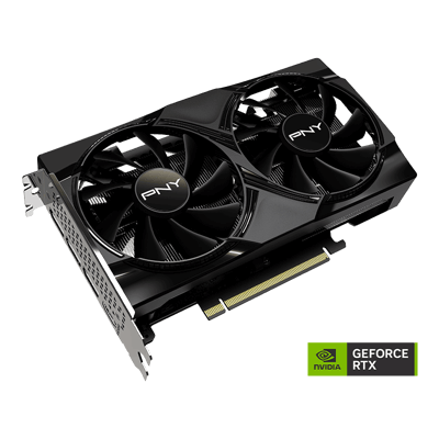 PNY GeForce RTX 5050 8GB Dual Fan — vista en ángulo con logotipo