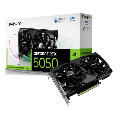PNY GeForce RTX 5050 8GB Dual Fan — tarjeta y empaque