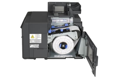 Epson ColorWorks C7500G, vista lateral con compartimiento de papel abierto