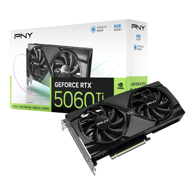 PNY GeForce RTX 5060 Ti 8GB Dual Fan — tarjeta y empaque
