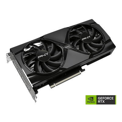 PNY GeForce RTX 5060 Ti 8GB Dual Fan — vista en ángulo con logotipo