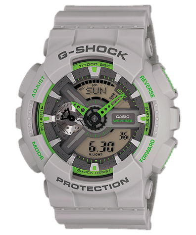 Reloj Casio G-Shock GA-110TS-8A3 gris y verde, vista frontal.