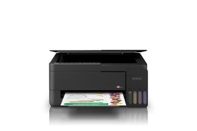 Epson EcoTank L3350 negra, vista frontal imprimiendo