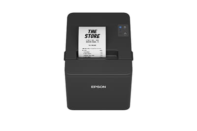 Epson TM-T20IV-SP negra, vista frontal superior con recibo