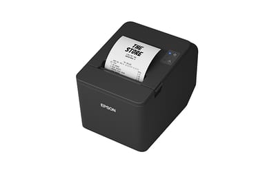 Epson TM-T20IV-SP negra, vista en perspectiva con recibo extendido