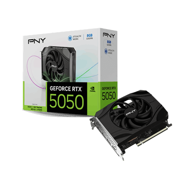 PNY GeForce RTX 5050 8GB Single Fan — tarjeta y empaque
