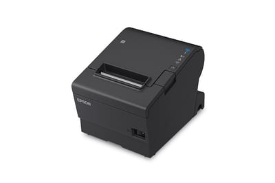 Epson TM-T88VII negra, perspectiva frontal izquierda
